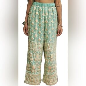 Coco Bombay Sequin Embroidered Resort Pants Mint Wide Leg - Medium